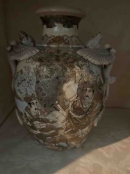 Japanese Satsuma-style Earthenware Vase with Figural Scenes and Applied Mythical Creatures