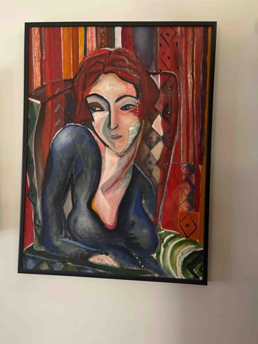 Figurative Portrait Painting of a Woman in Red and Blue Tones