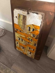Framed Hand-Painted Ceramic Tile Depicting a European Village Scene