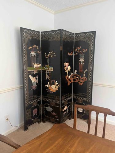 Chinese Lacquered Folding Screen with Hardstone Inlay