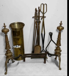 Antique Brass Fireplace Tool Set with Andirons and Coal Hod