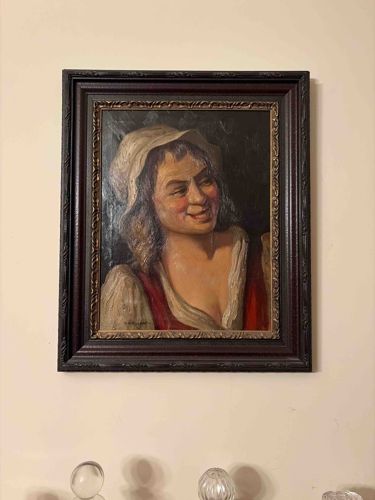 Framed Oil Portrait of a Smiling Woman in Historical Attire