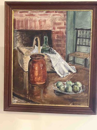 Signed Still Life Painting with Fireplace and Fruit