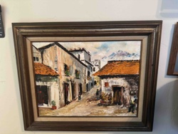 Mediterranean Street Scene Oil Painting with Mountains