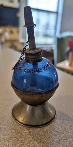 Late 19th Century Cobalt Blue Glass Ball Fluid Oil Lamp