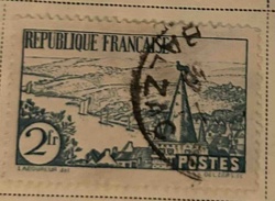 French Postage Stamp, 2 Francs, Landscape with Town and River