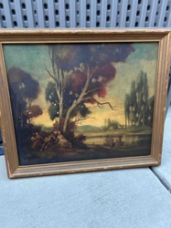 Framed Romantic Landscape Painting with Figures