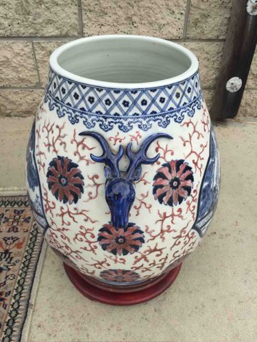 Large Asian Porcelain Deer-Head Vase with Floral and Vine Motifs