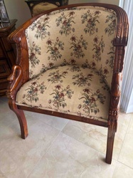 Carved Wood Barrel-Back Armchair with Floral Upholstery