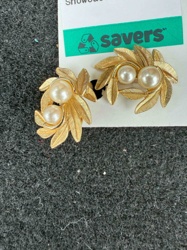 Vintage Gold-Tone Faux Pearl Leaf Clip-On Earrings