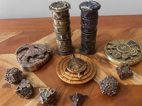 Steampunk Aesthetic Polyhedral Dice and Mechanical Gaming Accessories Set