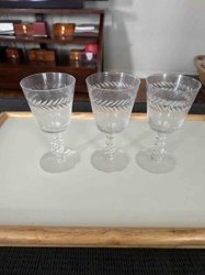 Set of Three Etched Glass Cordial/Wine Glasses with Twisted Stems