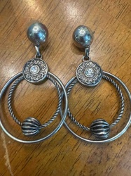 Silver-Toned Dangle Hoop Earrings with Decorative Discs and Fluted Beads
