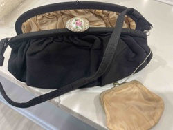 Vintage Black Fabric Evening Bag with Rhinestone Floral Brooch and Matching Coin Purse