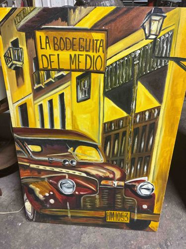 Painting of 'La Bodeguita del Medio' with Vintage Car