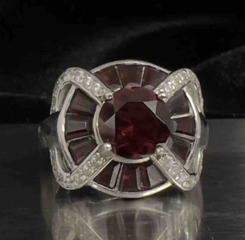 Art Deco Style Garnet and Diamond Halo Statement Ring