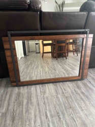 Industrial Style Wooden Framed Mirror with Metal Accents
