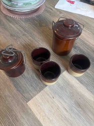 Vintage Two-Tone Brown Glaze Stoneware Crocks and Mugs Set