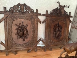 Pair of Black Forest Style Carved Wooden Hunting Theme Panels/Fireplace Screens