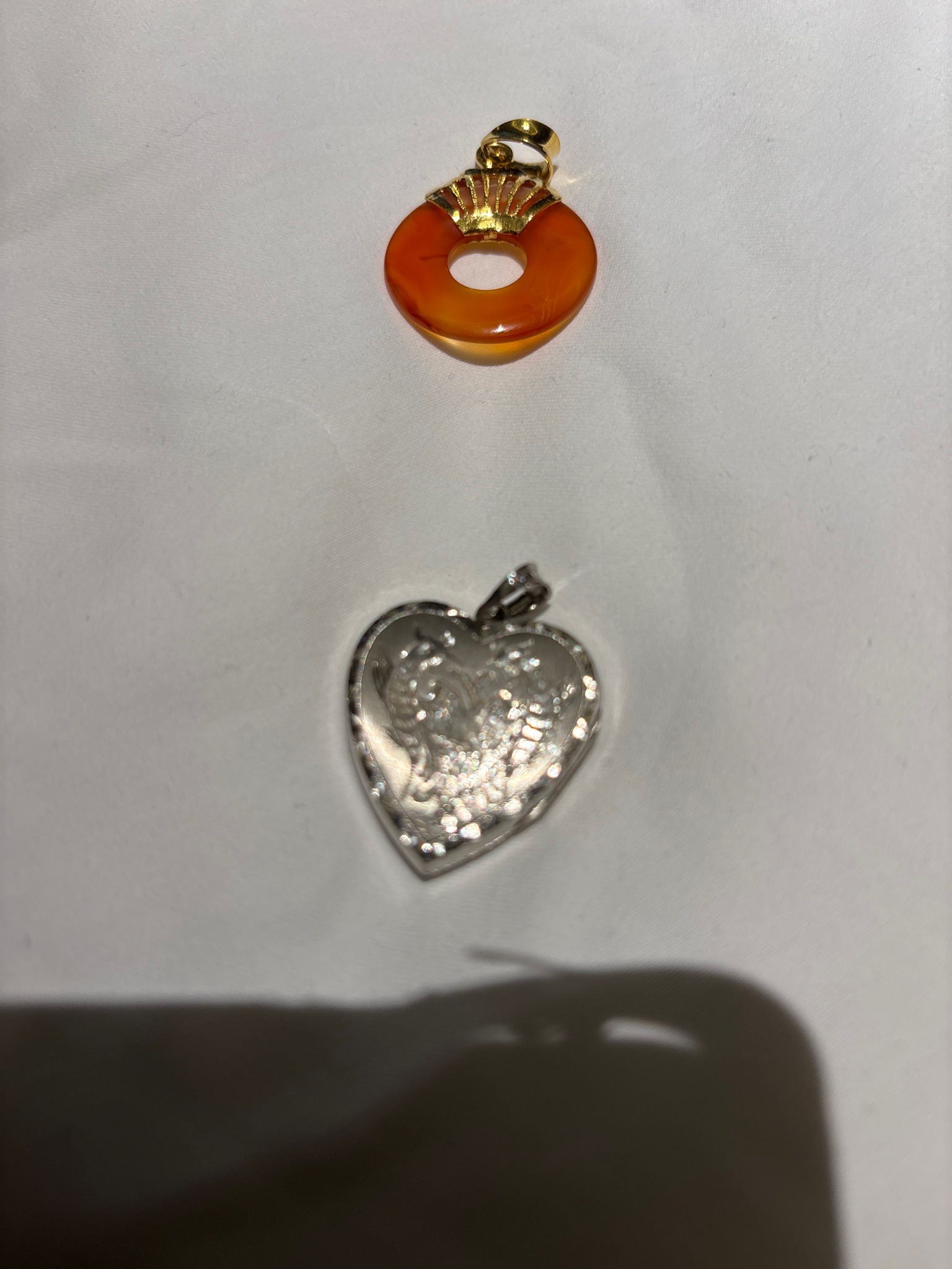 Carnelian Pi Disc and Silver Engraved Heart Locket