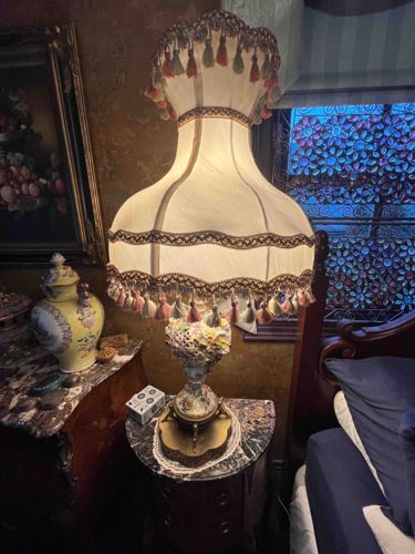 Italian Capodimonte Porcelain Floral Table Lamp with Tasseled Silk Shade