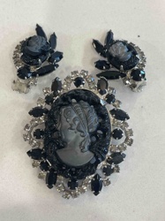 Vintage Black Cameo Brooch and Clip-On Earring Set