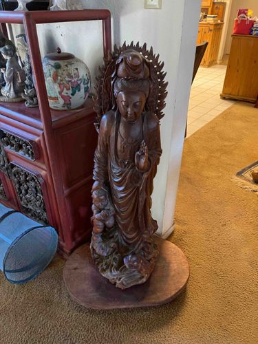 Carved Wood Guanyin Figure with Child