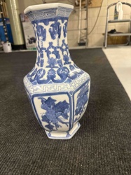 Blue and White Octagonal Porcelain Vase with Grape and Floral Motifs