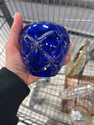 Cobalt Blue Cut-to-Clear Starburst Crystal Bud Vase