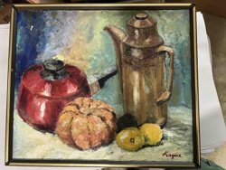 Still Life Oil Painting with Kettle, Teapot, and Fruit