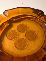 Amber Glass Ashtray with Pressed Coin Motifs