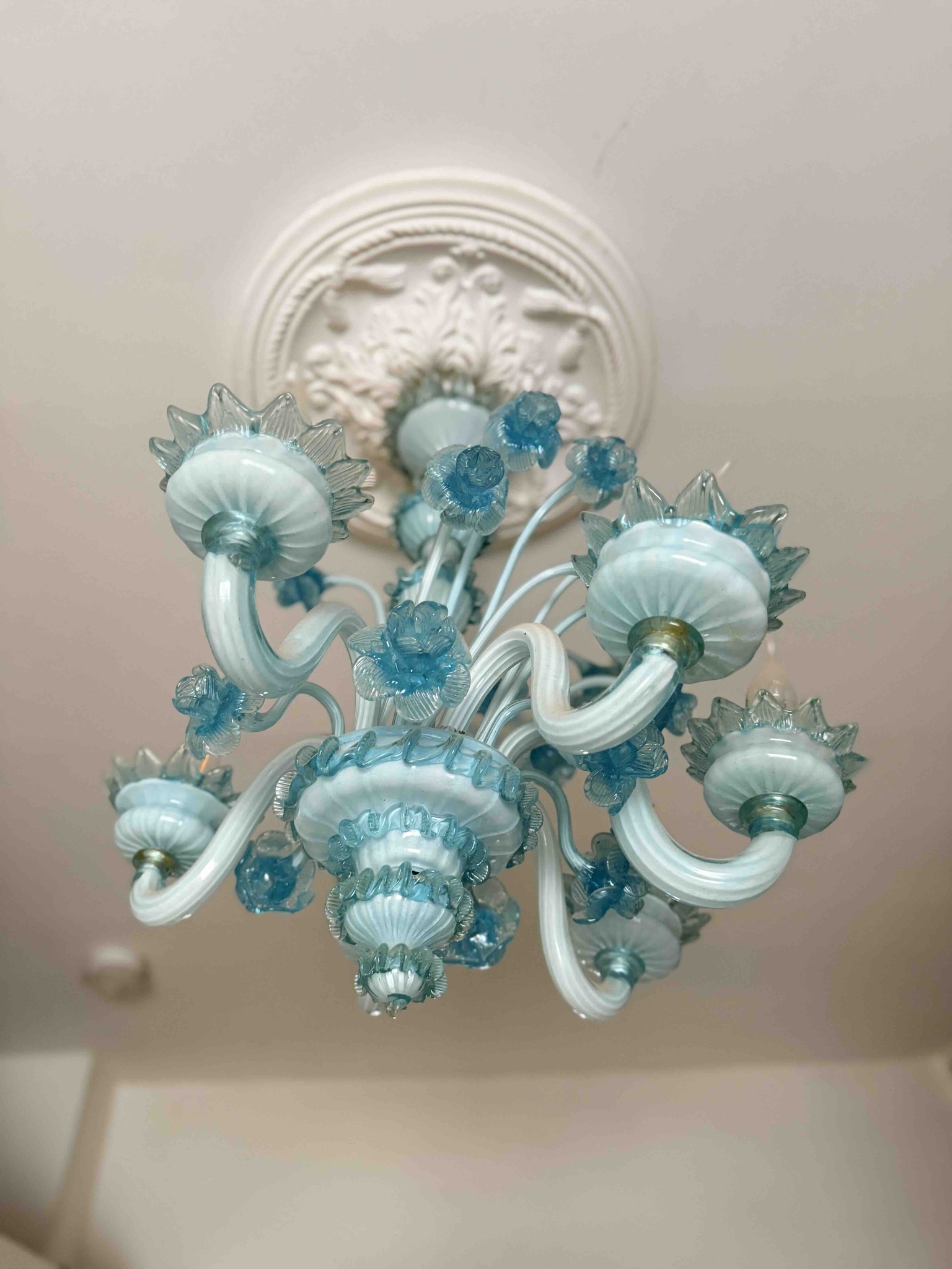 Murano Glass Blue and White Opaline Chandelier