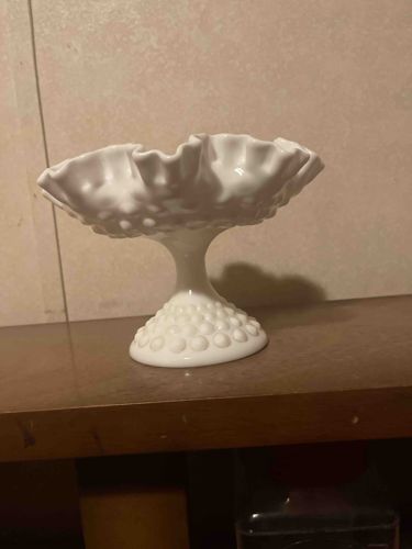 Milk Glass Hobnail Ruffled Compote