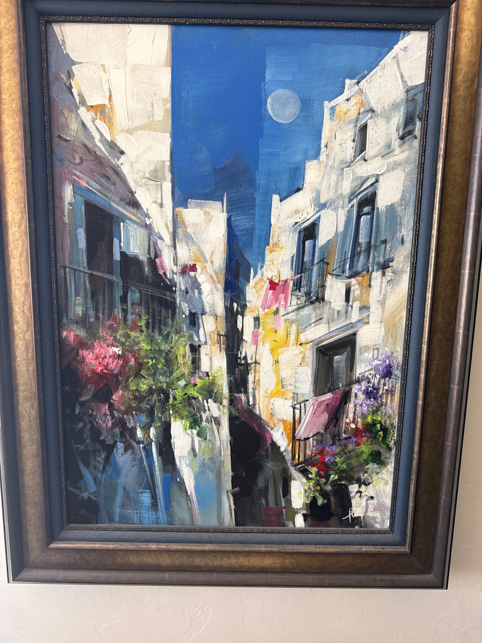 Submitted photo of Oil painting of a narrow alleyway with moon (unverified attribution)