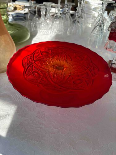 Ruby Red Pressed Glass Serving Plate/Charger
