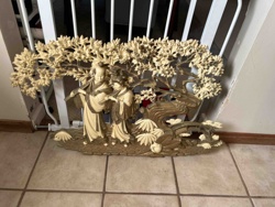 Asian Figural Relief Wall Sculpture with Tree and Bridge Motif