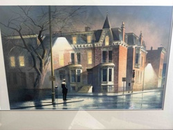 Framed Artwork: Nocturnal Urban Street Scene with Figure