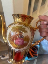 Gilded Porcelain Coffee or Chocolate Pot with Romantic Scene