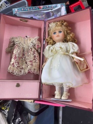 Porcelain Doll with Trunk and Gown