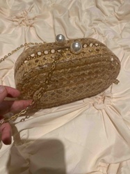 Woven Bamboo and Acrylic Clutch Bag with Pearl Clasp