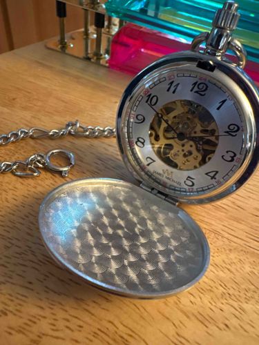James Michael Double Hunter Skeleton Pocket Watch with Curb Chain