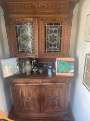Carved Oak Display Cabinet with Stained Glass Panels