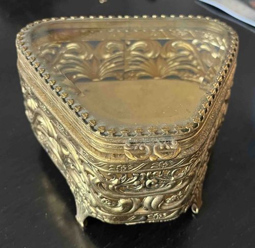 Gilt Metal Ornamental Trinket Box with Glass Lid
