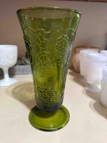 Green Glass Grape Motif Pedestal Vase