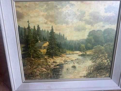 Mountain Landscape with Cabin and River Painting