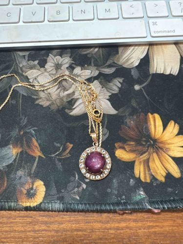 Mid-Century Star Ruby and Diamond Halo Pendant Necklace