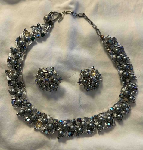 Vintage Faux Pearl and Rhinestone Necklace with Matching Clip-On Earrings