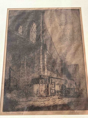 Etching depicting a large industrial or architectural structure with smaller ancillary buildings