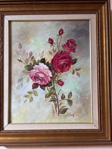 Floral Still Life Painting of Roses by E. Sims