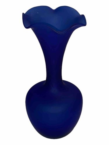 Cobalt Blue Frosted Art Glass Vase with Ruffled Rim